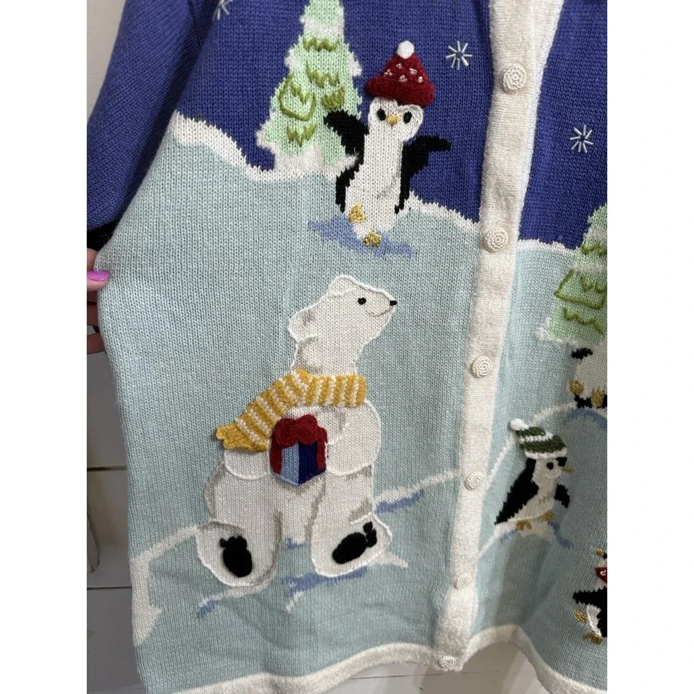 NWT Storybook Knits Winter Polar Bear Penguin Theme Knit Button Up Sweater Large